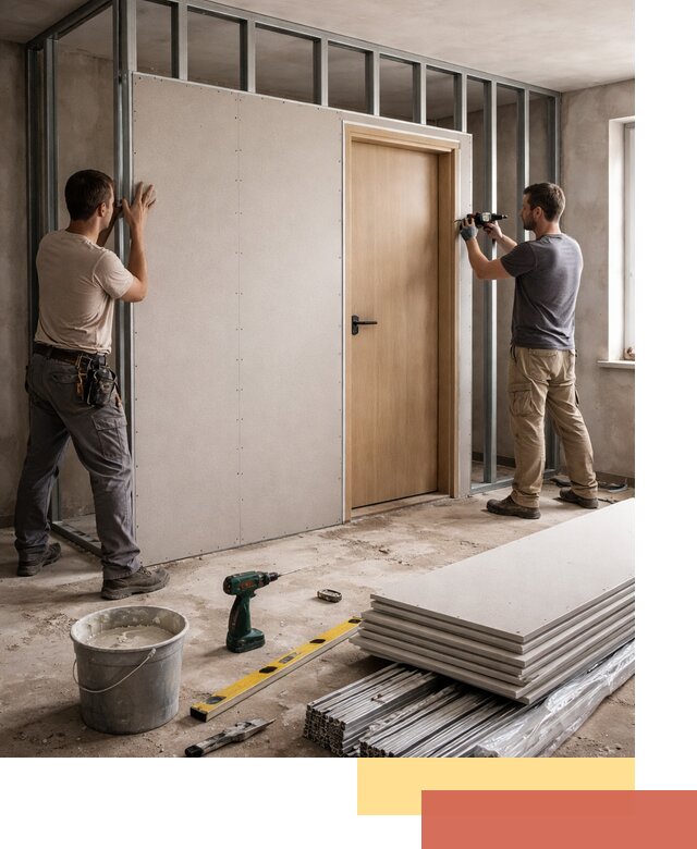 Перегородка из гипсокартона с дверью под ключ в Переславле-Залесском