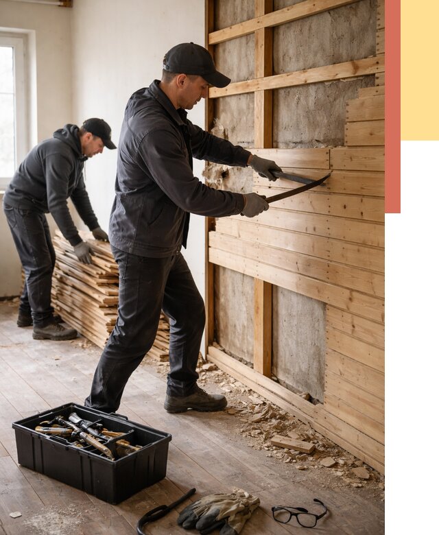 Демонтаж вагонки в Переславле-Залесском от 3944 руб/м2 — быстро и недорого | ОТДЕЛОЧНИК-Прс