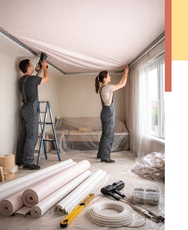 Монтаж цветного натяжного потолка в Переславле-Залесском от 4359 руб/м² — быстро и недорого | ОТДЕЛОЧНИК-Прс