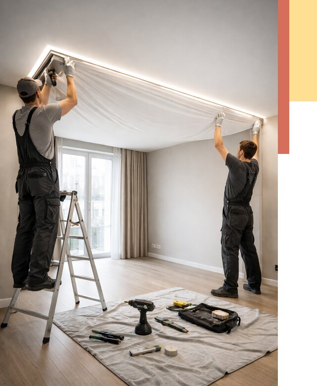 Монтаж парящего натяжного потолка в Переславле-Залесском от 4671 руб. быстро и недорого | ОТДЕЛОЧНИК-Прс