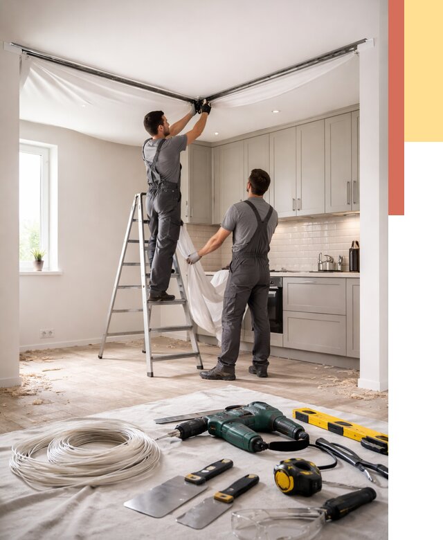 Установка натяжного потолка на кухне в Переславле-Залесском от 2491 руб. | ОТДЕЛОЧНИК-Прс