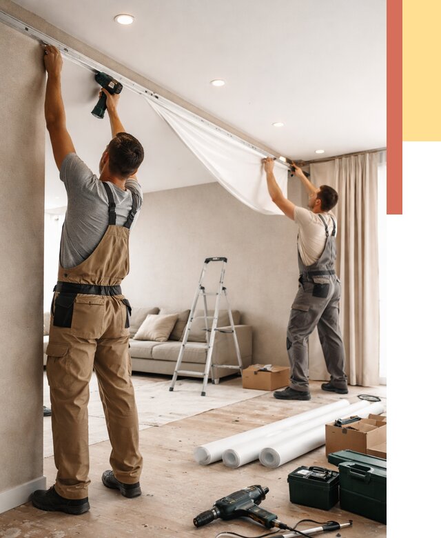 Монтаж натяжного потолка в гостиной в Переславле-Залесском от 571 руб. | ОТДЕЛОЧНИК-Прс