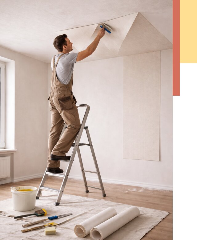 Поклейка обоев на потолок в Переславле-Залесском от 4671 руб. быстро и недорого | ОТДЕЛОЧНИК-Прс